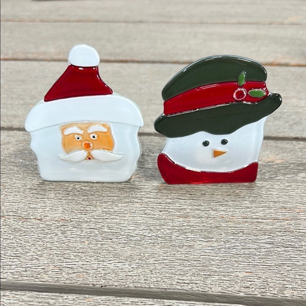 Festive Santa and Snowman Glass Partylite Tea Light Candle Holders